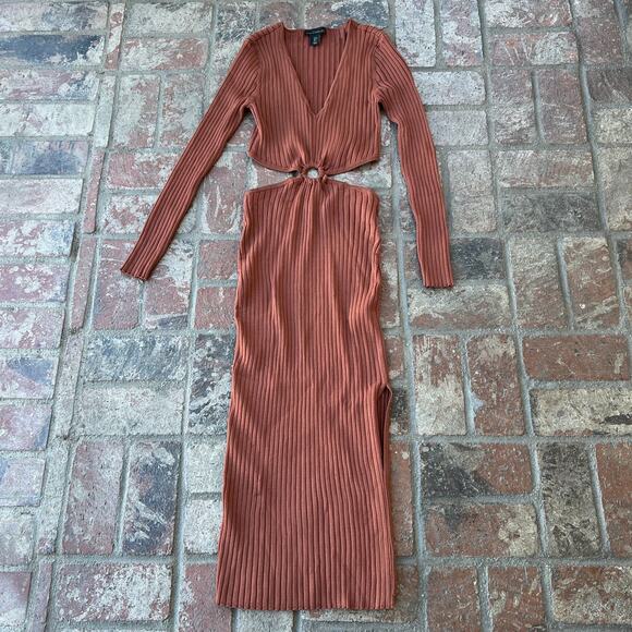 House of Harlow 1960 Brown Dress Ribbed Cutout Waist Long Sleeve Size S V-Neck - Picture 1 of 3